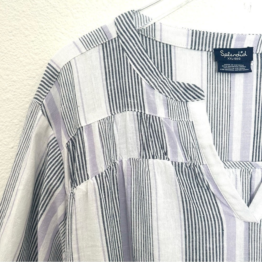 Splendid V-Neck Blouse Tunic Shirt Linen Striped 3/4 Sleeve Black White Size XXL - Picture 5 of 12